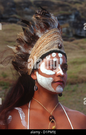 Rapanui woman in traditional dress, Easter Island, Chile Stock Photo