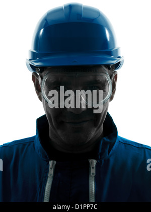 one  man construction worker smiling silhouette portrait in studio on white background Stock Photo