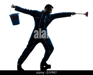 one  janitor cleaner cleaning silhouette in studio on white background Stock Photo