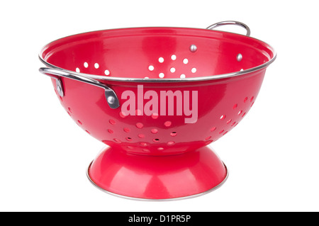 Red colander in full focus isolated on white Stock Photo