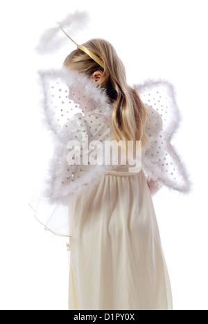 Little Angel girl , back , isolated on white background  Stock Photo