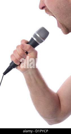 Profile of singing into microphone isolated on white Stock Photo
