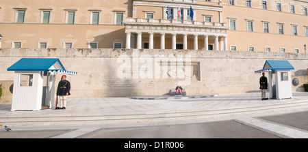 Presidential Guard, guarding the Tomb of the Unknown Soldier in the foreground, Athens, Greece Stock Photo