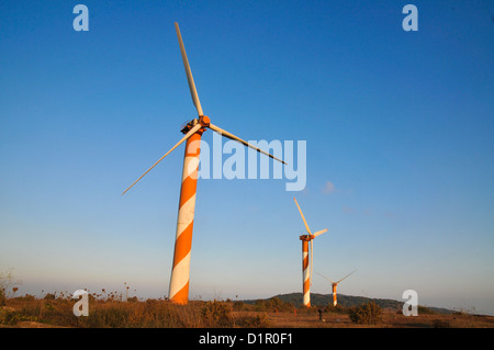 Israel, Golan Heights, View of Wind turbines near kibbutz Ein Zivan, Stock Photo