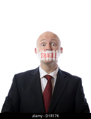 man with fragile tape over mouth concept of diplomacy or censorship isolated on white Stock Photo