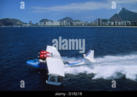 Brazil, Rio de Janeiro, Catalina PBY-5A hydroplane trying to take off with damaged motor. Stock Photo