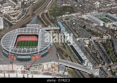 Aerial photograph of The Emirates Stadium in relation to the old HIghbury Stadium Stock Photo