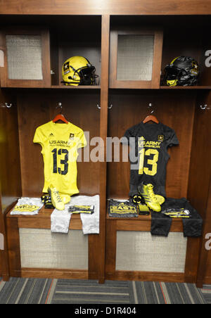 New jerseys and apparel await the arrival of high school students at the Alamodome in San Antonio Jan. 2, 2013. The student athletes are participating in the U.S. Army All-American Bowl, scheduled to be held Jan. 5, and represent the best high school athletes from across the nation. The Army has hosted the All-American Bowl in San Antonio since 2002, engaging with more than 1,300 schools nationwide. (U.S. Army Reserve photo by Sgt. 1st Class Carlos J. Lazo, 302nd Mobile Public Affairs Detachment) Stock Photo