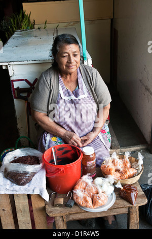 middle aged indigenous Indian woman vendor selling fried grasshoppers frijoles & other prepared food at entrance Merced market Stock Photo