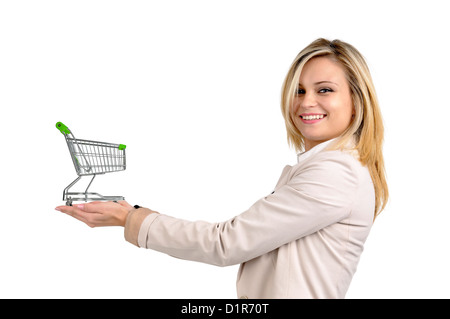 Woman with shopping cart isolated in white Stock Photo