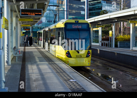 A Manchester Metrolink tram waiting at the Media City UK station in Salford, England, UK Stock Photo