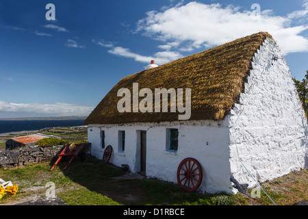 A neat whitewashed thatched roof Irish cottage on the island of Inishee with wagon wheels and farm cart in front Stock Photo