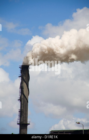 Emissions from the top of the main stack Tully Sugar Mill North Queensland Australia Stock Photo