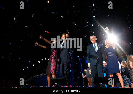 US President Barack Obama with First Lady Michelle, Vice President Joe Biden and wife Jill following election night remarks at McCormick Place November 6, 2012 in Chicago, IL. Stock Photo