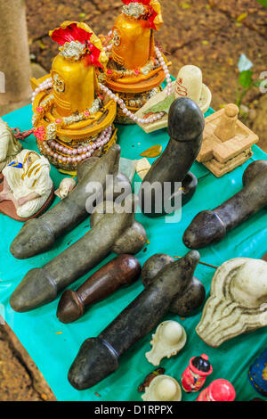 Jan. 4, 2013 - Bangkok, Thailand - Small stone penises at the Lingam Shrine in Bangkok. The Lingam Shrine is a phallus garden behind the Swissotel Nai Lert Park Hotel, an exclusive 5 star hotel in Bangkok. Clusters of carved stone and wooden shafts surround a spirit house and shrine built by a Bangkok millionaire to honour Jao Mae Thap Thim, a female deity thought to reside in a banyan tree on the site. According to Bangkok legend, a woman who made an offering at the shrine had a baby after praying at the shrine, and it has received a steady stream of worshippers ever since.  Stock Photo