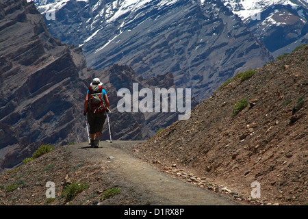 a female trekker in the indian himalayan mountains Stock Photo