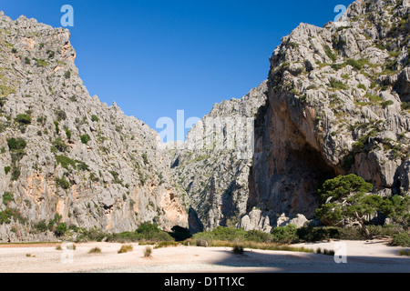 Sa Calobra, Mallorca, Balearic Islands, Spain. View along dry river bed in the rugged Torrent de Pareis gorge. Stock Photo