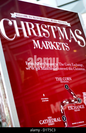 Street sign advertising the Manchester Christmas markets in England, UK Stock Photo