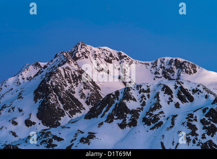 The Oetztal Alps during winter with ice and snow near Vent, Tyrol. Sunrise over Mount Wildspitze (3768m). Austria, Tyrol. Stock Photo