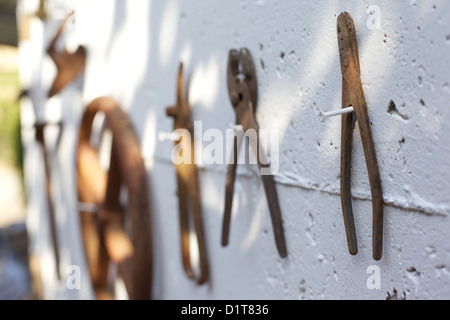 Old, rusting, farm tools hanging on a wall Stock Photo