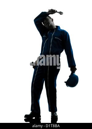 one  repairman worker tired fatigue silhouette in studio on white background Stock Photo
