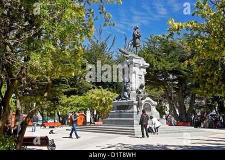 Ferdinand Magellan monument in Plaza Munoz Gamero, Punta Arenas, Patagonia, Chile Stock Photo