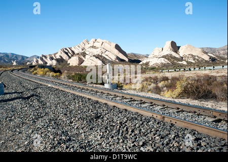 Railroad tracks near Mormon Rocks in Cajon Pass, San Bernardino County, California, USA Stock Photo