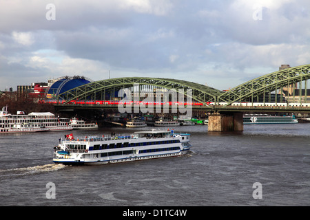 Cruise ships along the river Rhein, Cologne City, North Rhine-Westphalia, Germany, Europe Stock Photo