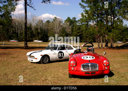 Racing MGB and MGA in the paddock during a Vintage Drivers Club of America event at Roebling Road Raceway near Savannah, Georgia Stock Photo