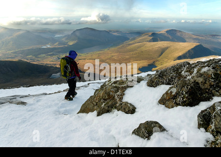 A hillwalker on Snowdon in winter conditions Stock Photo