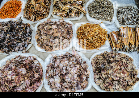 LUANG PRABANG, Laos — An assortment of dried and salted squid, shrimp, and fish on display for sale at the morning market in Luang Prabang, Laos. These preserved seafood items are key ingredients in Lao cuisine, prized for their intense flavors and long shelf life. Stock Photo