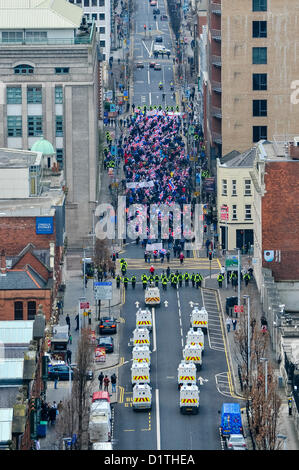 5th January 2013. Belfast, Northern Ireland - Over 1000 unionists attended a peaceful, but tense, protest in Belfast. Roads were closed for around 60 minutes while the protesters waved Union Flags and cheered.  The protests follow the decision at the start of December that the Union Flag would only be flown over Belfast City Hall on 15 'designated days'. Stock Photo