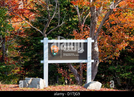 National Park Service sign at the enterence of Acadia, Maine USA Stock Photo