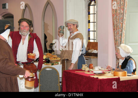 Tudor Twelfth Night of Christmas. Saturday 5th January 2013, Ware Priory, High Street, Ware, Hertfordshire, England, United Kingdom. Historical interpreters from Renaissance Footnotes and Hungerford Household re-enact preparations for a Tudor-style Twelfth Night celebration including period music, dancing, food, drink, handicrafts and children's entertainment. Stock Photo