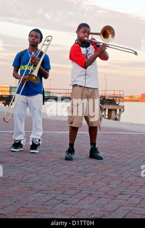 Two young trombonists   played on Mississippi coast, New Orleans, state of Louisiana, USA, North America, Stock Photo