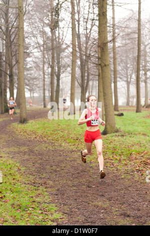 Kent Cross country running Championships under 17 girls youth running on trail path through wood in fog and misty conditions Stock Photo