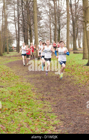 Kent Cross country running Championships under 17 boys youth running on trail path through wood in fog and misty conditions Stock Photo