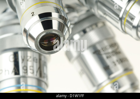 Reichert revolving nosepiece microscope objective four high power magnification lenses phase contrast observe Stock Photo