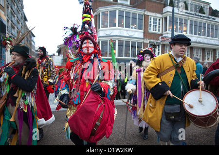 Sunday January 6th 2013, London, UK.  The Holly Man, Green Man and Bankside Mummers arrive on the Bankside, near Shakespeare's Globe, marking the coming of the Epiphany and concluding the Twelve Days of Christmas, giving a free performance and continuing with a procession to Southwark along the South Bank. Alamy Live News Stock Photo