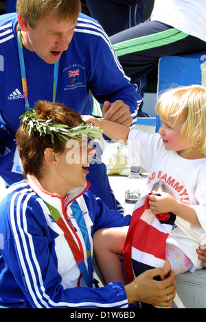 Dame Carys Davina 'Tanni' Grey-Thompson with her husband, Ian, and daughter, Carys, Athens Paralympic Games 2004 Stock Photo