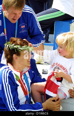 Dame Carys Davina 'Tanni' Grey-Thompson with her husband, Ian, and daughter, Carys, Athens Paralympic Games 2004 Stock Photo