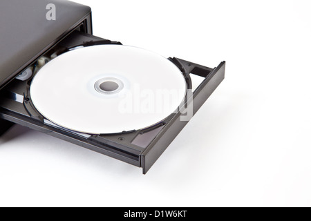 An open DVD/CD burner with a blank disc in the tray. Stock Photo