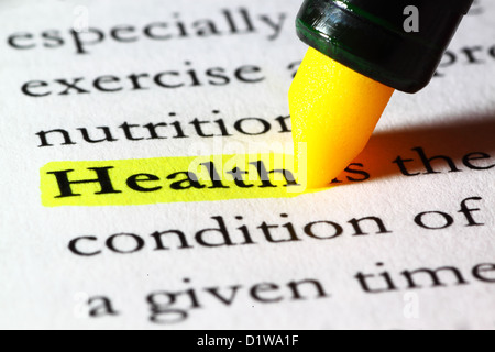Word health highlighted with a yellow marker Stock Photo