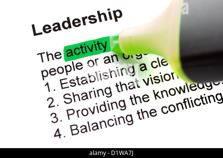 The word Leadership highlighted in green with felt tip pen Stock Photo