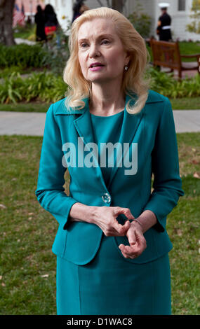 Jan. 06, 2013 - Yorba Linda, California, U.S. - TRICIA NIXON COX speaks with the media after attending the Richard Nixon Centennial Birthday Celebration at the Nixon Presidential Library.(Credit Image: © Brian Cahn/ZUMAPRESS.com) Stock Photo