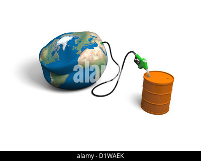 Concept of oil depletion with illustration of oil pump, pumping out oil from deflated Earth into petrol barrel, isolated on white background. Elements of this image furnished by NASA Stock Photo
