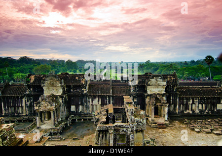 Ankor Wat Temple with Trees at Sunset, Cambodia Stock Photo