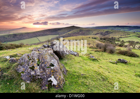 Crook Preak and Brent Knoll in the Mendip Hills from Wavering Down, Somerset, United Kingdom. Stock Photo