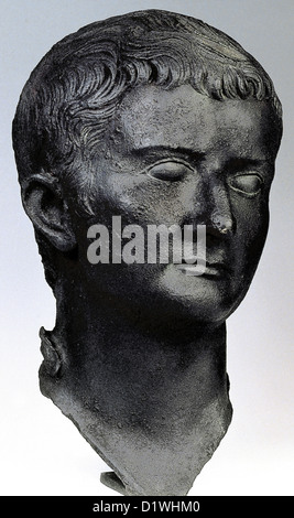 Tiberius (42 B.C.-37 A. C.). Roman Emperor from 14 AD to 37 AD. Bust. Bronze. 1st century AD. Mahón. Museum of Minorca. Spain. Stock Photo