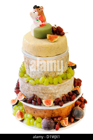 CUT OUT OF CHEESE CELEBRATION WEDDING CAKE Stock Photo